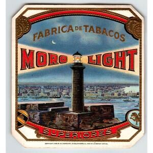 Moro Light Tobacco Label Lighthouse Moon Gold Embossed Original Vintage 1916